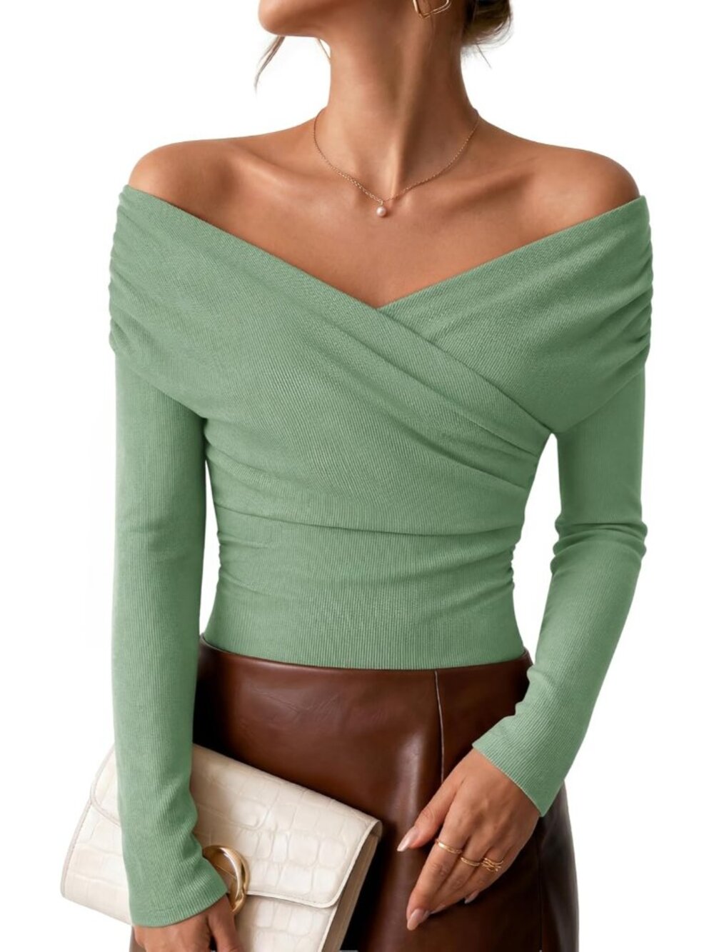Women's Sage Off Shoulder Neck Front Ribbed Long Sleeve Casual T-shirt Top